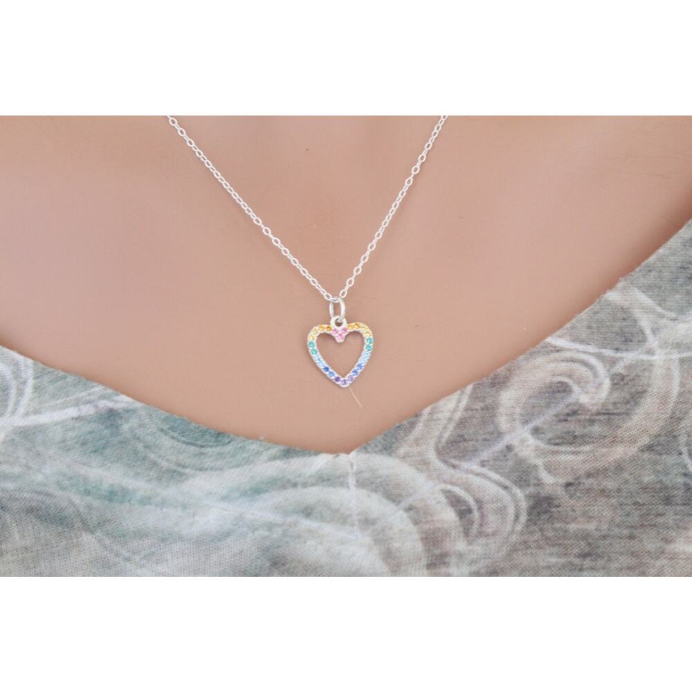Sterling Silver Rainbow Heart Charm with Nano Gems Necklace